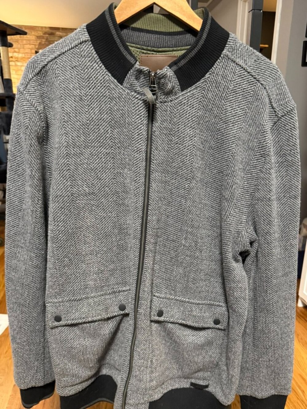 Civil Society Mens XXL Gray Herringbone Bomber Jacket Full Zip Tweed Look